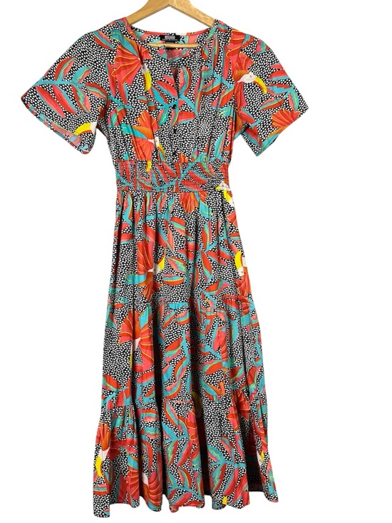 Nation AK Outfits Dresses & Skirts - Tropical Floral Polka Dot Tiered Maxi Dress Smocked Waist Short Sleeve Size L